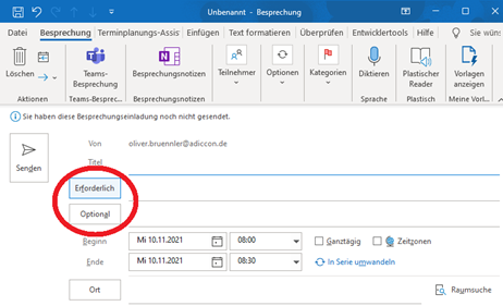 Outlook Besprechung Teilnehmer sind entweder "Erforderlich" oder "Optional"