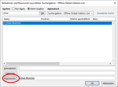 Auch Personen können als Ressource in Outlook Besprechungen Teilnehmen
